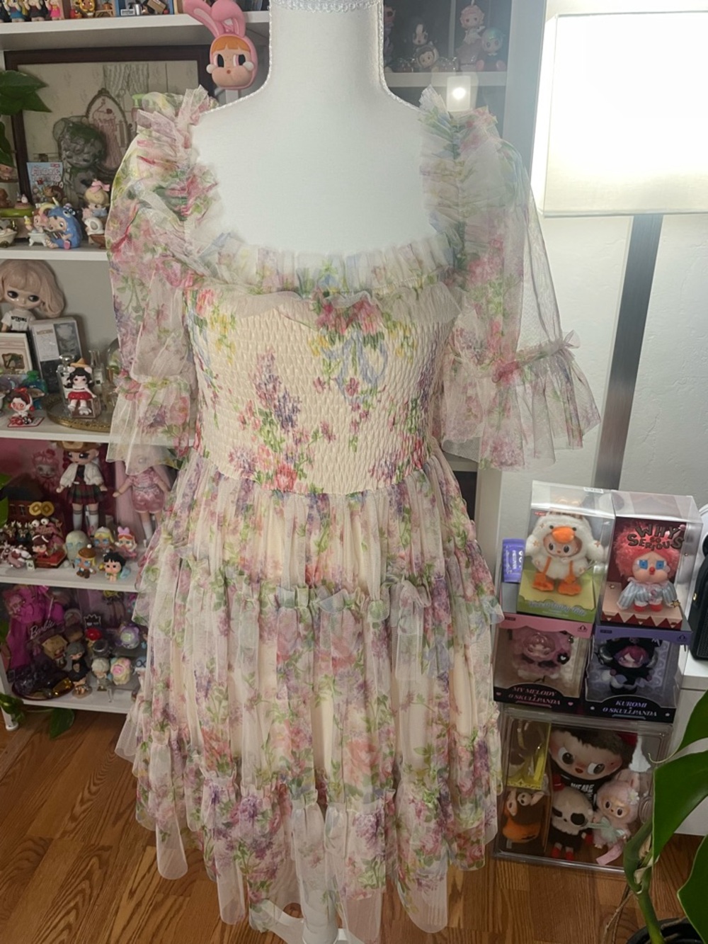 Lait Collection Floral Ruffle Mesh Dress Cottagecore Romantic Size L NWOT